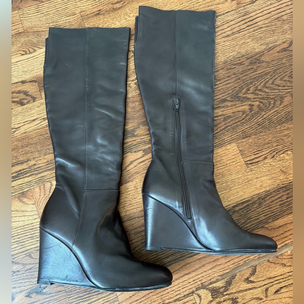 Stuart Weitzman Knee High Leather Wedge Boots Dark Brown Size 8.5